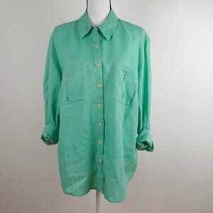 Investments Linen Blouse Top Women's Plus 18W Green Roll Tab Sleeves